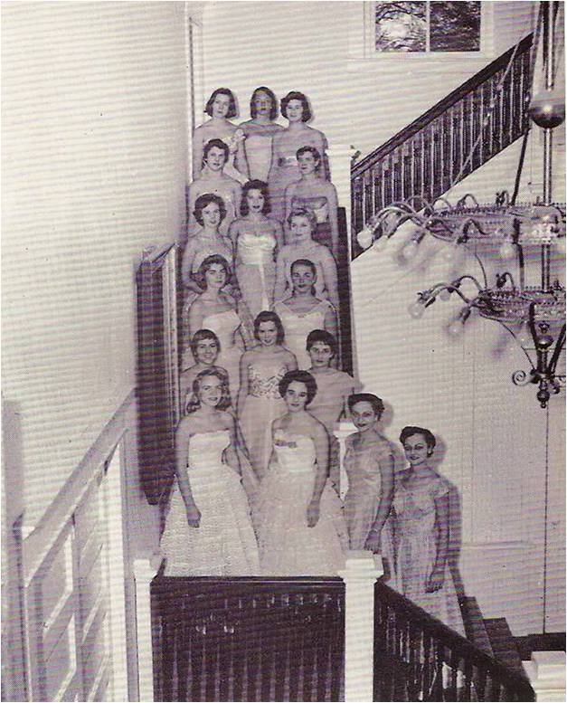 The 1959 Greenbrierettes, a select vocal group, standing on the foyer staircase in Carnegie Hall.