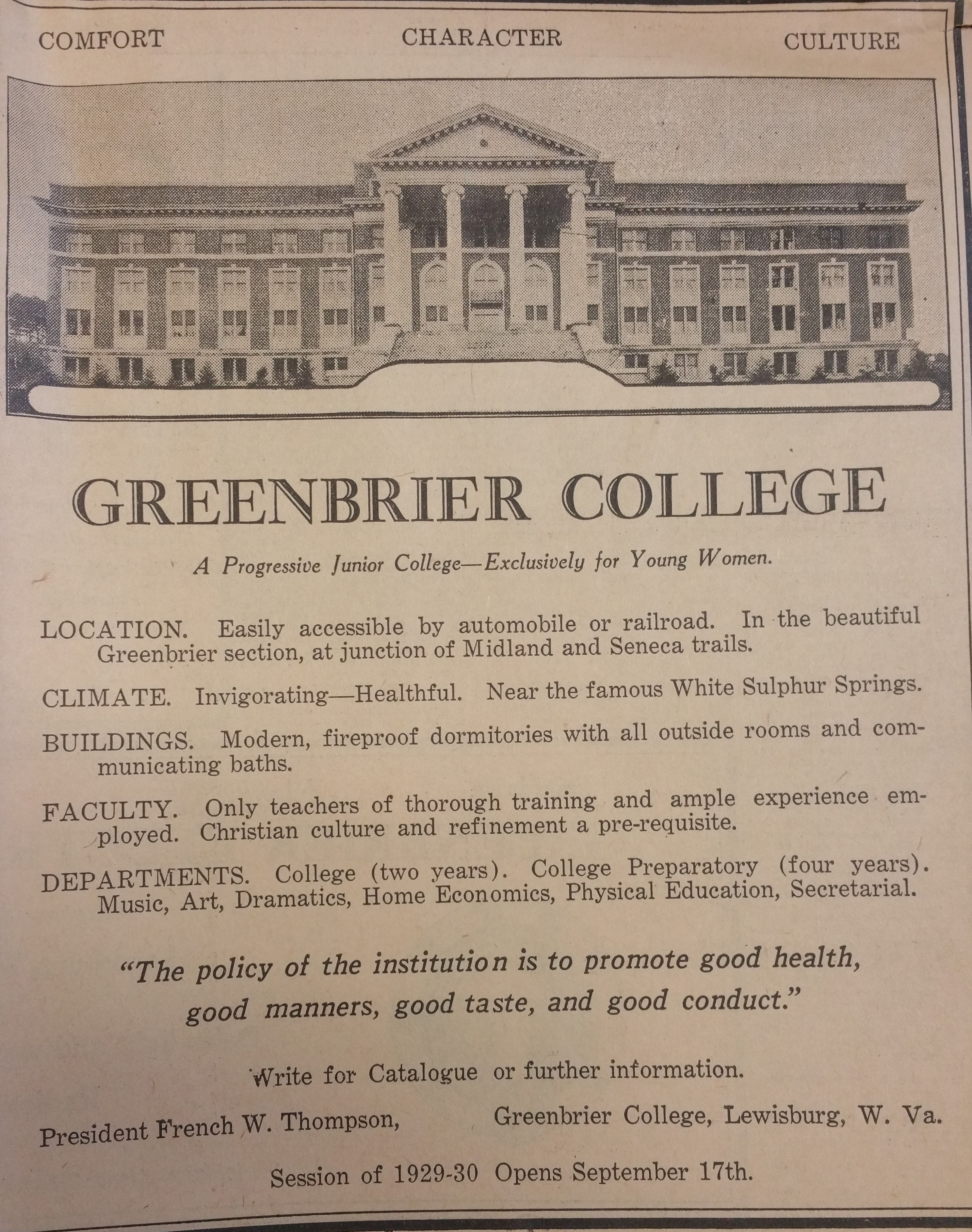 Advertisement for Greenbrier Women's College found in a newspaper located in Marshall University Special Collections vertical files.