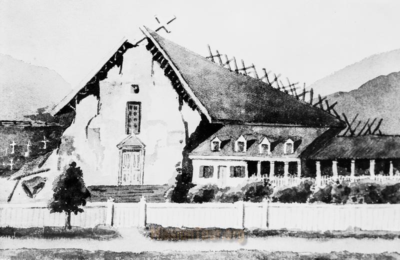 The Mission in disarray after the 1868 earthquake. Often mistakenly called Mission San Jose de Guadalupe for the nearby pueblo, its original name was actually Mission del Glorisissimo Patriarca San Jose: Mission of the Glorious Patriarch Saint Jose.