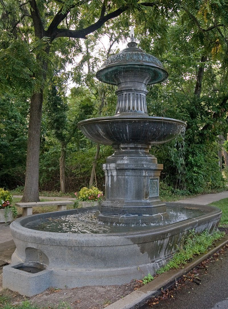 The fountain includes the Biblical reference the inscription "Thirsty and Ye Give Me Drink."