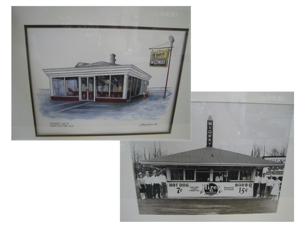 Illustration and historic photo of the drive-in