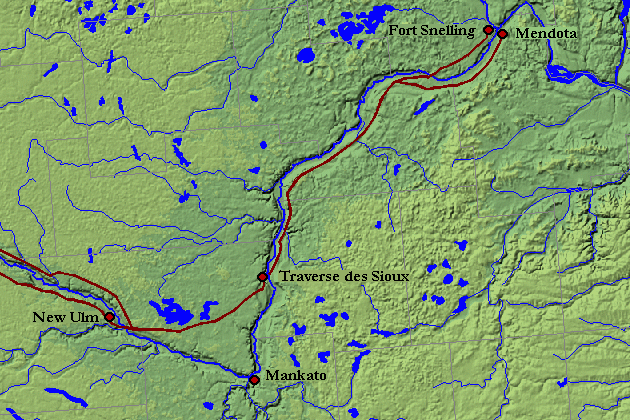 Map of the Minnesota River. The red line marks a trail that veers northward and crosses the river at Traverse des Sioux.