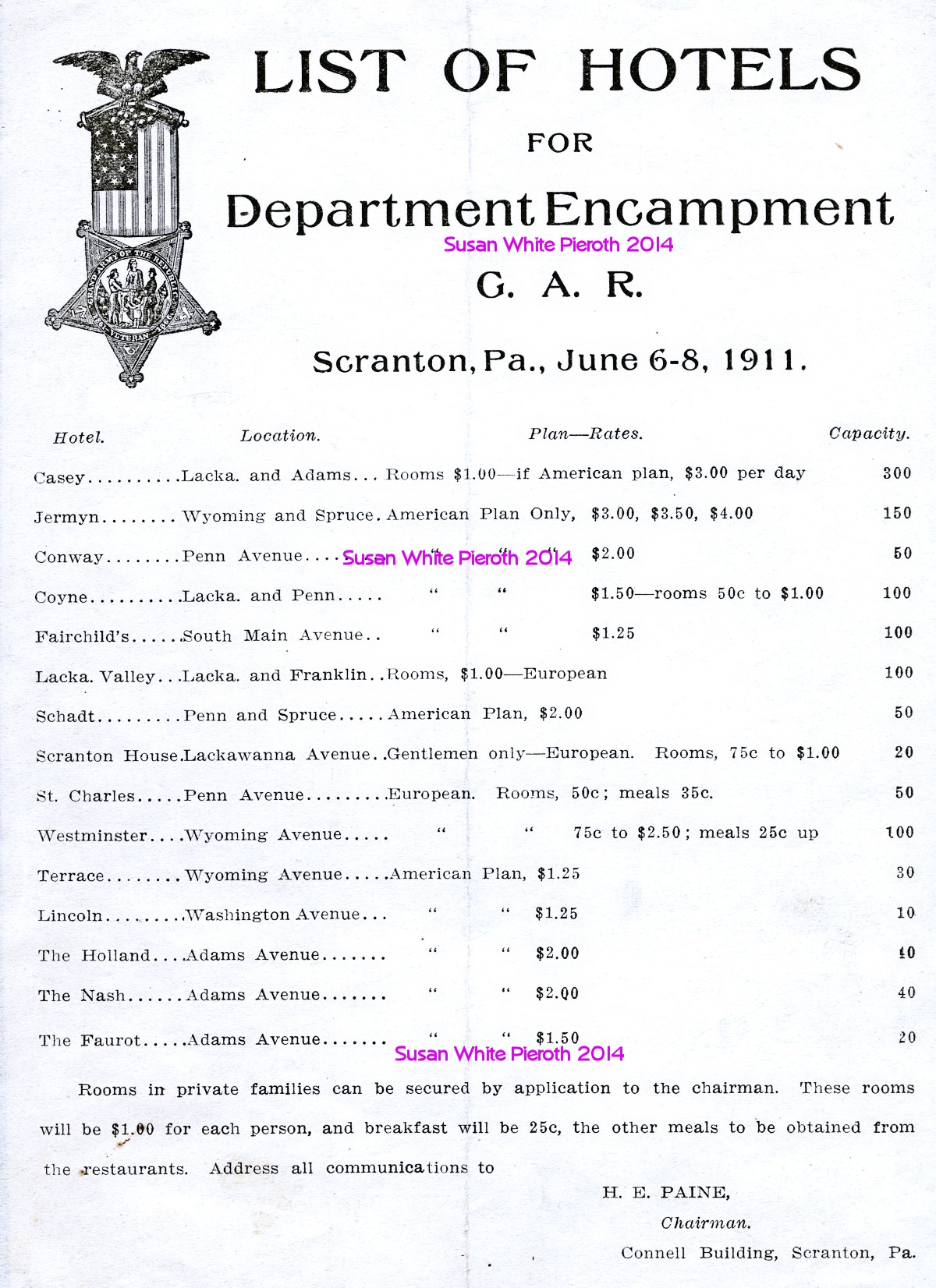 A copy of the list of hotels in Scranton that provided rooms for the 1911 National Grand Army Encampment. 