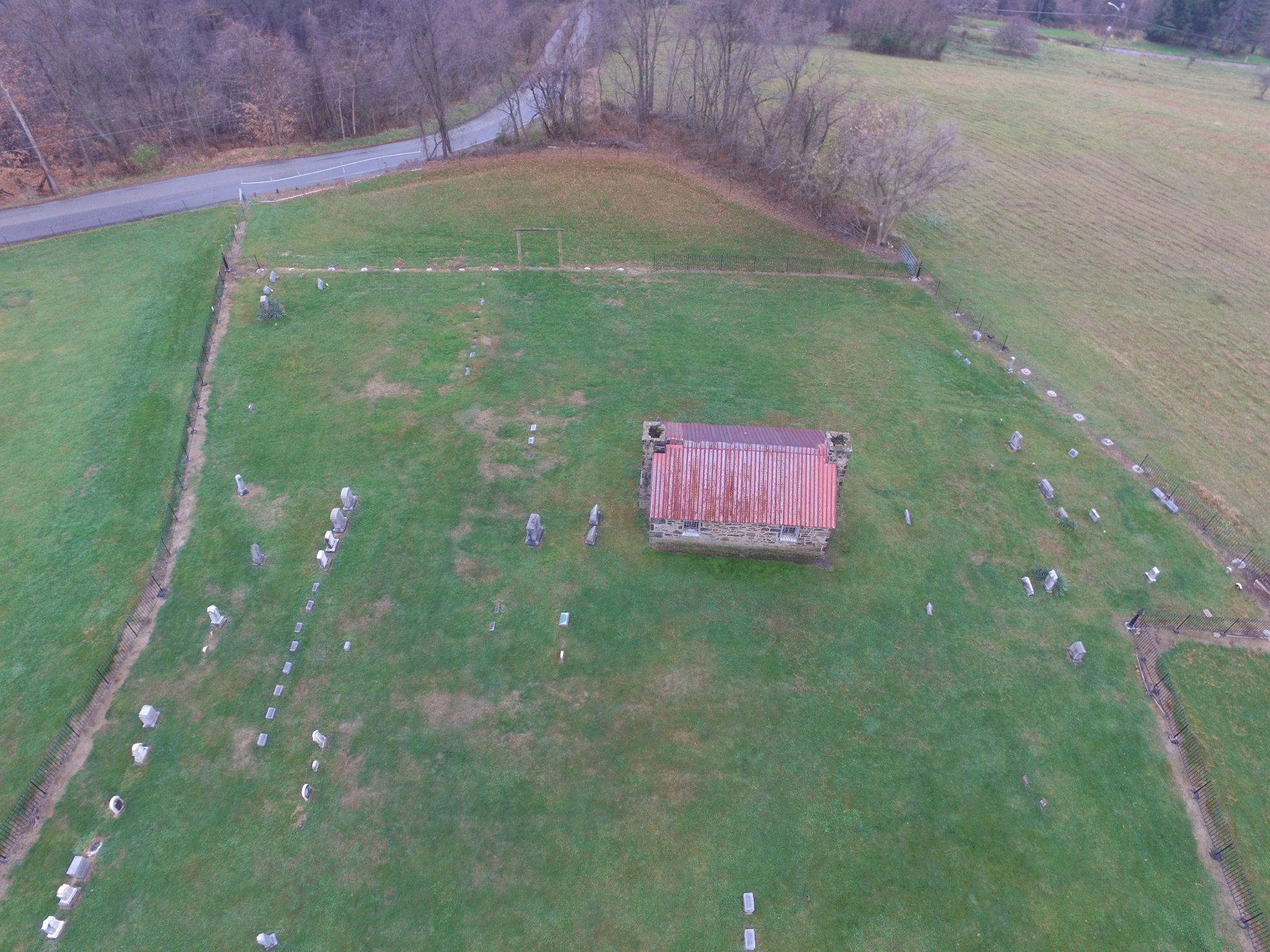 An overhead shot of the chapel and cemetery.