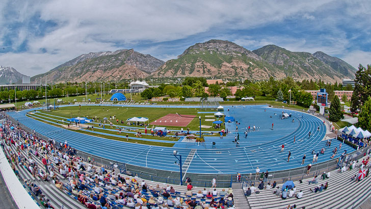 BYU Athletics captures a mid-level image of  Clarence F. Robison Track and Field Complex from a fan's perspective. 