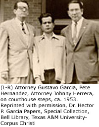 From left to right, Attorney Gustavo Garcia, Pete Hernandez, and Attorney Johnny Herrera