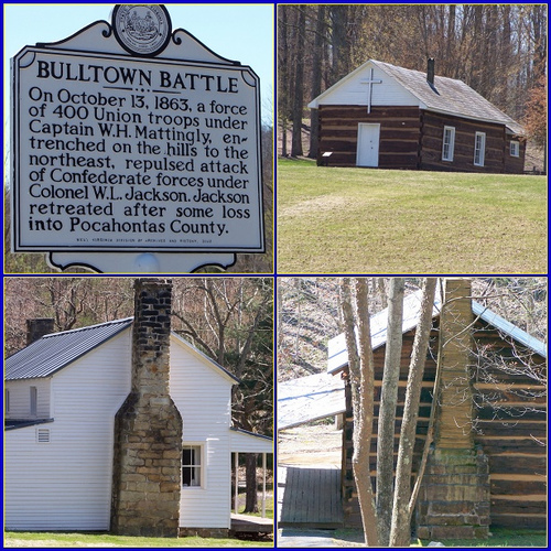 Marker and historical buildings on site.