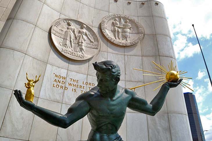 Spirit of Detroit with marble backdrop