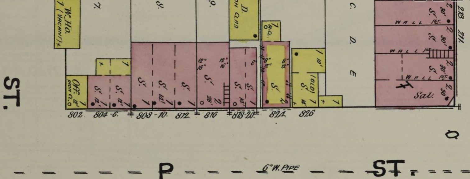 Veith Building at 816 P St. (red=brick, S=store), 1891 Sanborn Fire Insurance Map p. 21