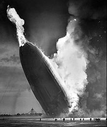 The first burst of flames on the Hindenburg that brought it down and started the catastrophe.