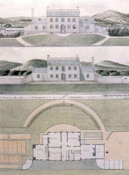 Artist rendition of the Joseph Priestley House showing grounds and floor plan. 