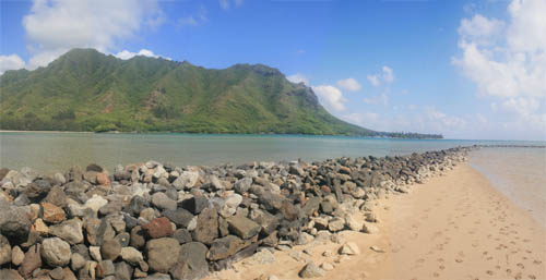 Shorter and more narrow, the 500 foot stonewall still hugs the Huilua Fishpond today. Photo courtesy of Nate Yuen.