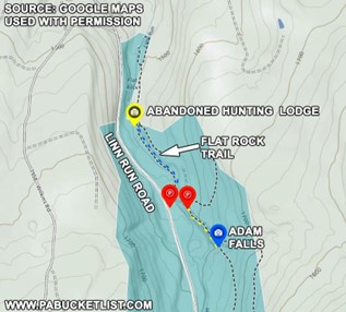 map showing where the flat rock trial is and where Adam Falls is located
