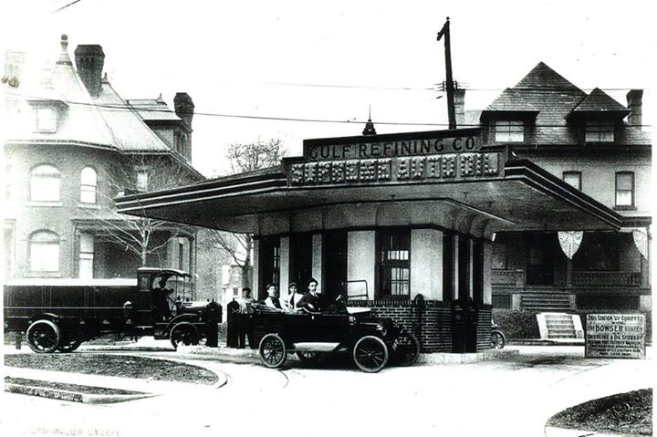 Photo of the world's first drive-in gas station, Baum Blvd. and St. Clair St., Pittsburgh, PA. Photo courtesy The Odd, Mysterious & Fascinating History of Pittsburgh.