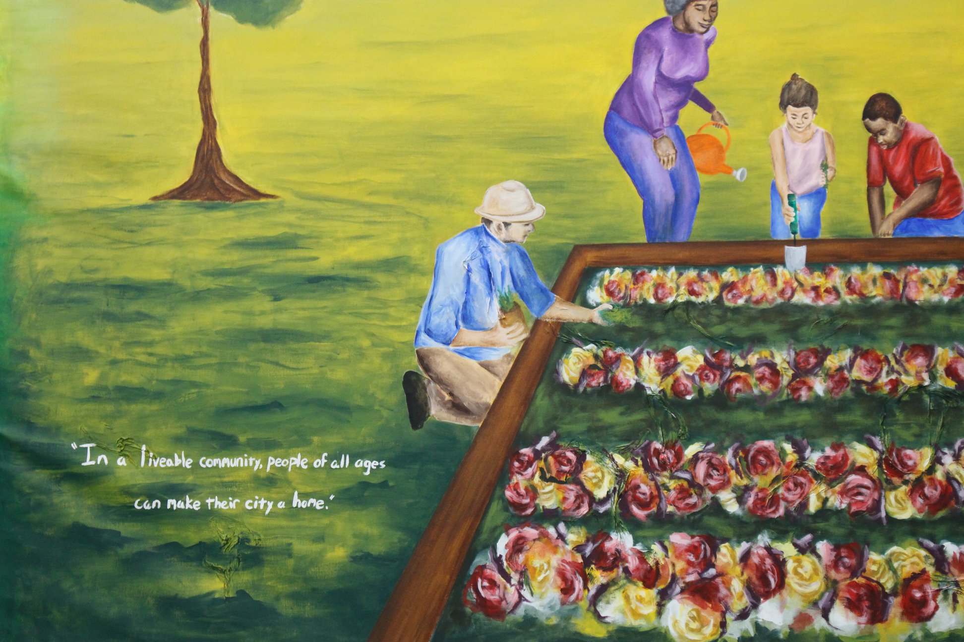 The "Growing Together" mural can be found in the main area of the Community Center.