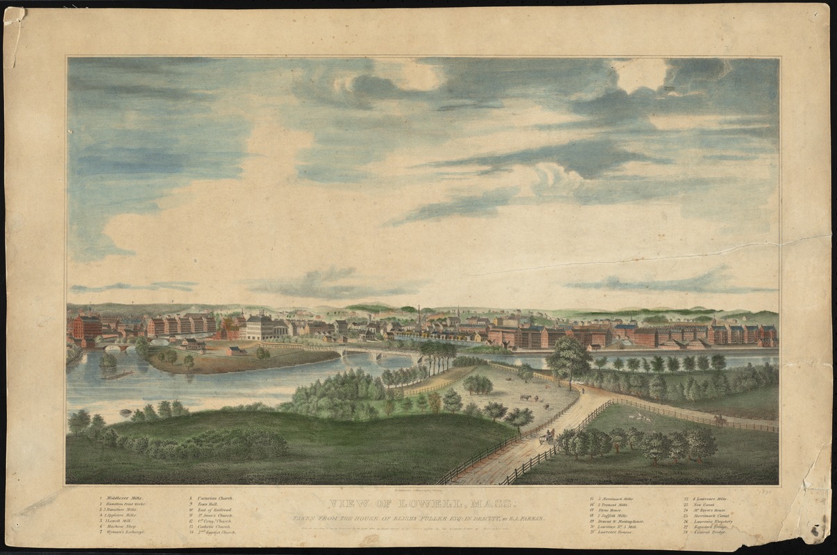 Lithograph of Lowell, ca. 1834. Notable features of the landscape, including mills, bridges, churches, and canals, are numbered and labeled.
