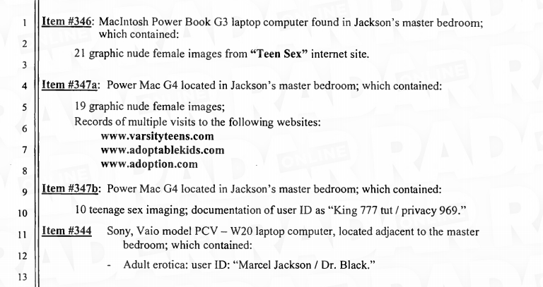 Some list of items that police had discovered during their search at Neverland.