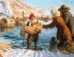 Popular painting of the teenage boys helping people cross the Sweetwater River