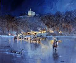 Depiction of the LDS church fleeing Nauvoo. Mississippi River had frozen over.