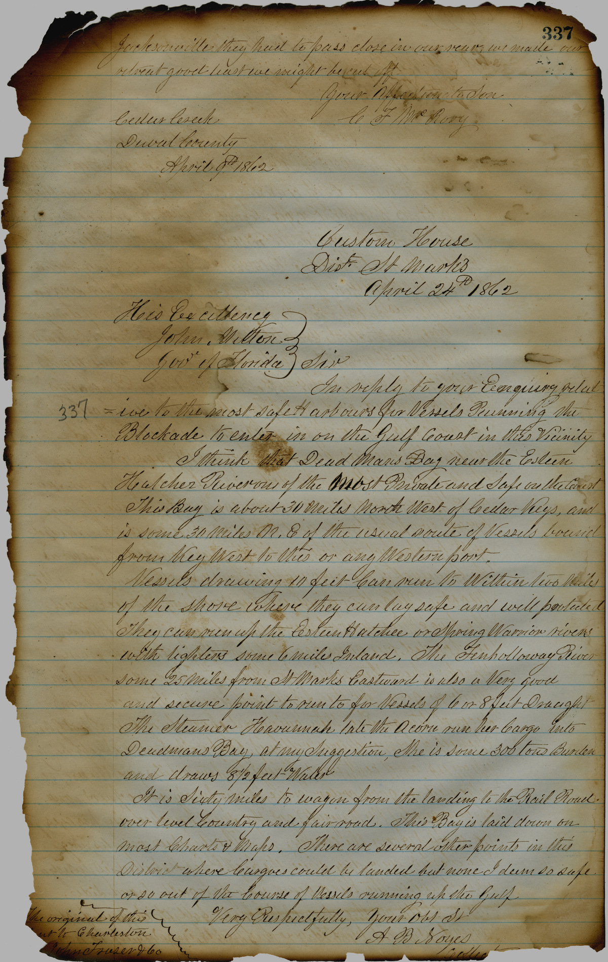 Milton Letterbook: April 13, 1862, letter describing Deadman's Bay importance in the Civil War