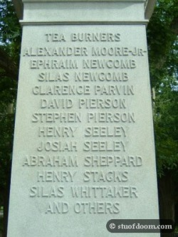 The monument was created in 1908, and the local Daughters of the American Revolution chapter refer to themselves as the Greenwich Tea Burners. 