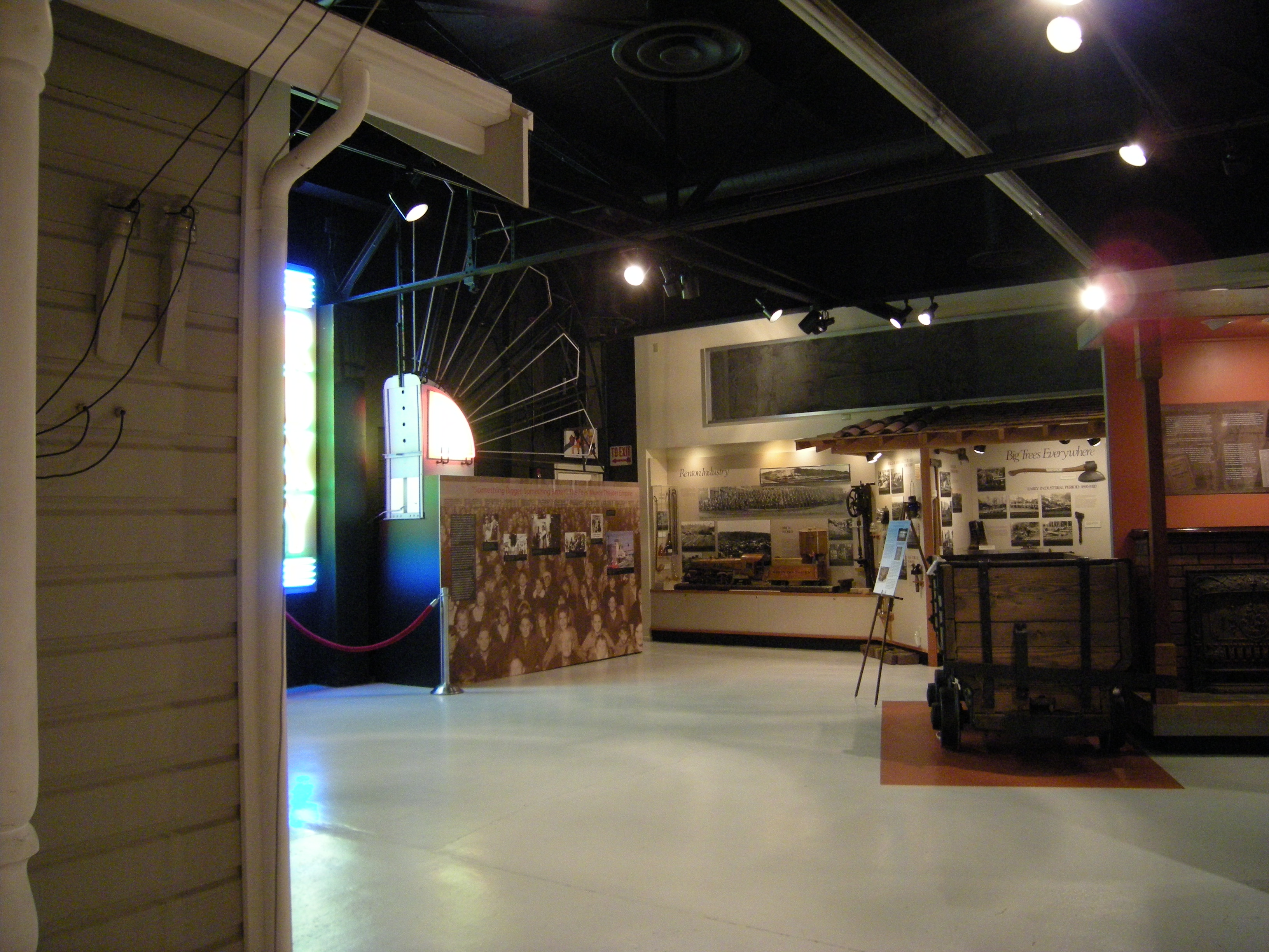 Interior shot of the museum with a refurbished coal car in the foreground.