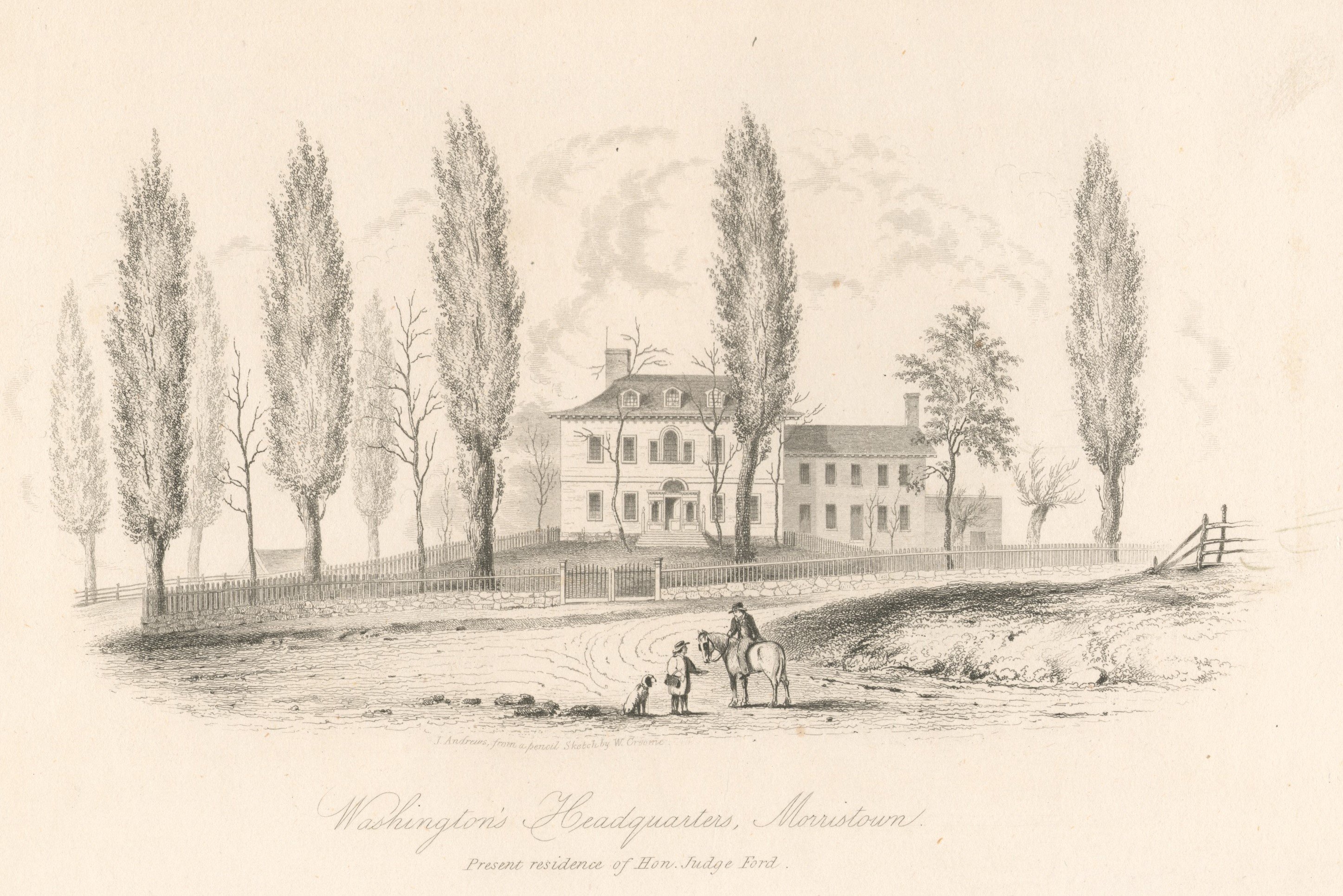 19th century engraving of Ford's Mansion by artists William Croome and Joseph Andrews. The Ford family would continue to live in this house after Washington's departure until the 1870s when it was sold to auction. Image from digital commons