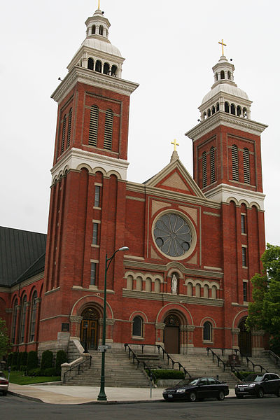 The cathedral features stained glass imported from Bavaria, a Kimball organ, and two towers which stand 164 feet above street level. 