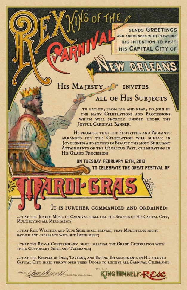 An royal proclamation to attend Carnival, from the Rex organization.