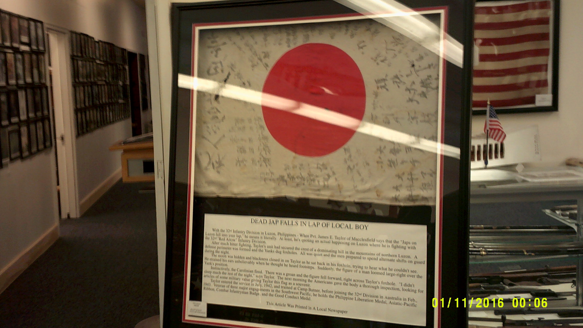 A Japanese flag taken from a Nippon soldier at Iwo Jima.