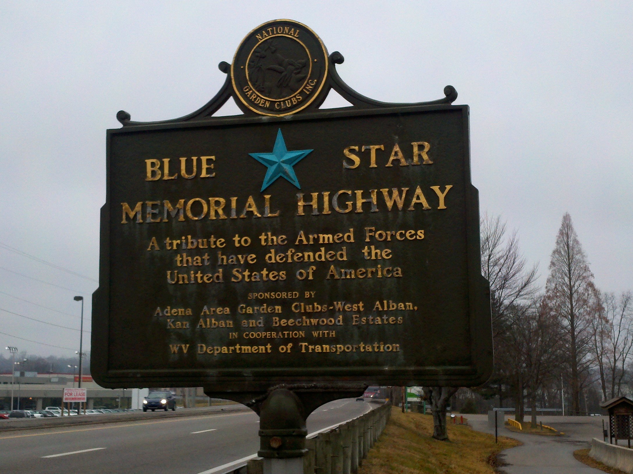 "Blue Star" highway marker at the Roadside Park in St. Albans recognizes military veterans.
