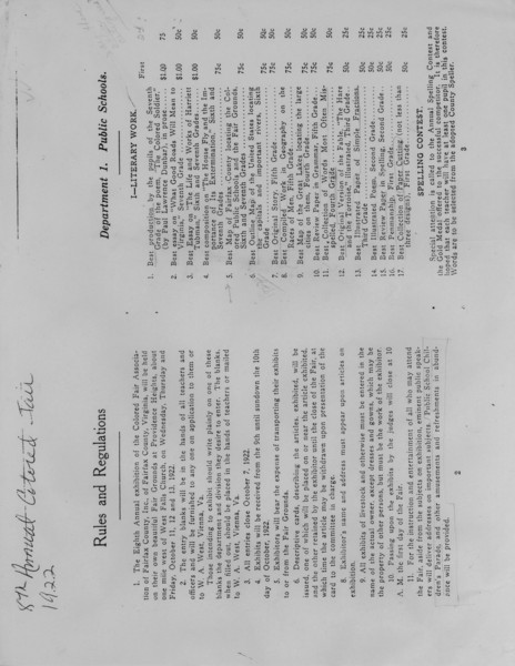 Sixth Annual Fair of the Fairfax County Colored School Fair: Rules and Regulations