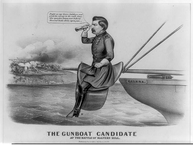 An 1864 anti-McClellan presidential cartoon about his fleeing to Union ships prior to the Battle of Malvern Hill.
