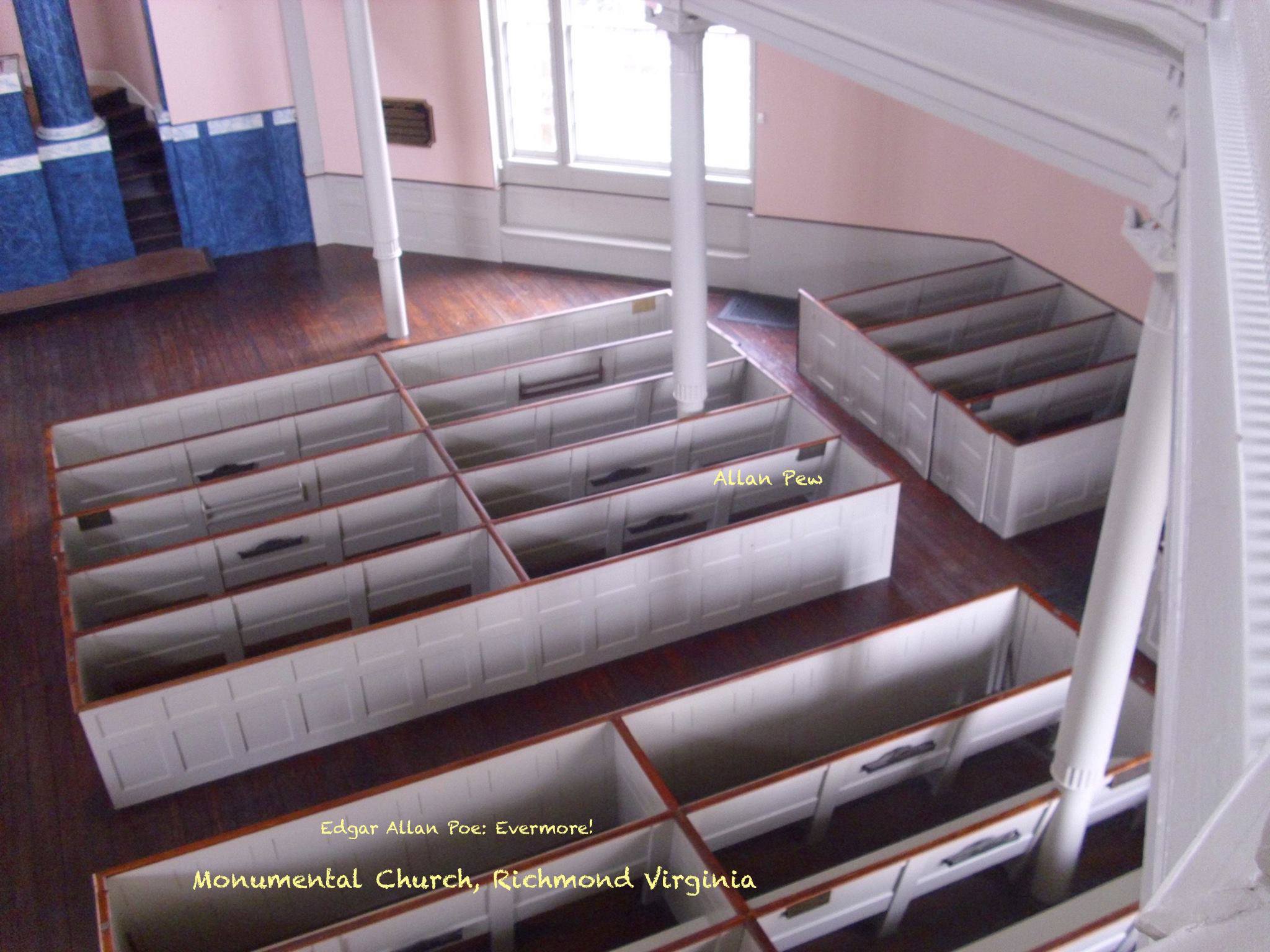 Interior of the church. The pew with the caption "Allan Pew" is the pew Edgar Allan Poe sat in when he was a parishioner of the church.