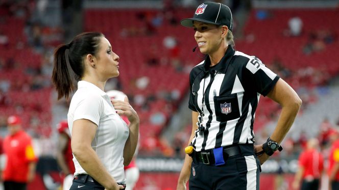 At a game on August 15, 2015, a short meeting of Jen Walter, the first female NFL coach, and Sarah Thomas, the first female NFL referee symbolized the breaking of barriers for women in the NFL.