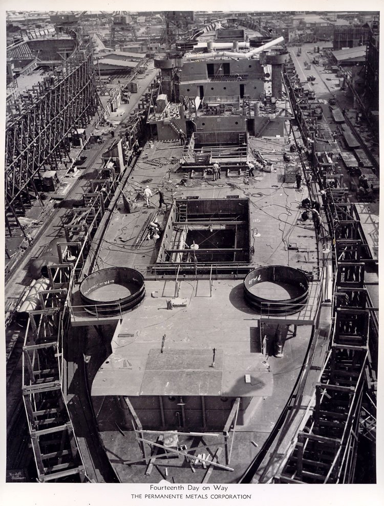 A Liberty ship in Richmond on its fourteenth day of construction. Its keel and hull are finished--decking and superstructure are already being fixed into place. (SanPedro.com)