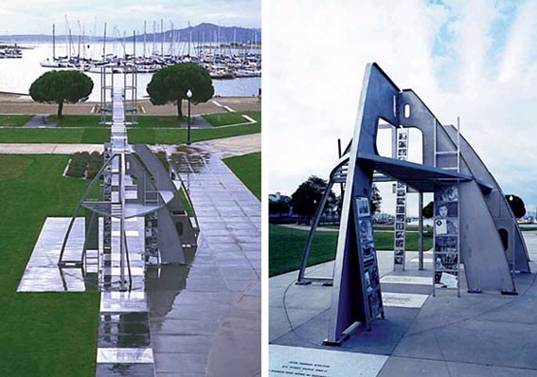 The Rosie the Riveter Memorial, designed to resemble the hull of a ship. The Park was dedicated after three years of effort by local citizens to memorialize the contributions of female workers during World War II.