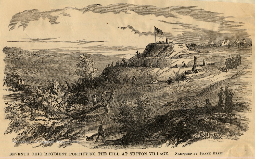 The Seventh Ohio Regiment fortifying the hill at Sutton during the Civil War.