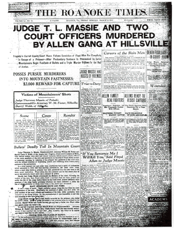 Headline News from the March 15, 1912 Roanoke Times depicts the events that took place during the courthouse shooting.