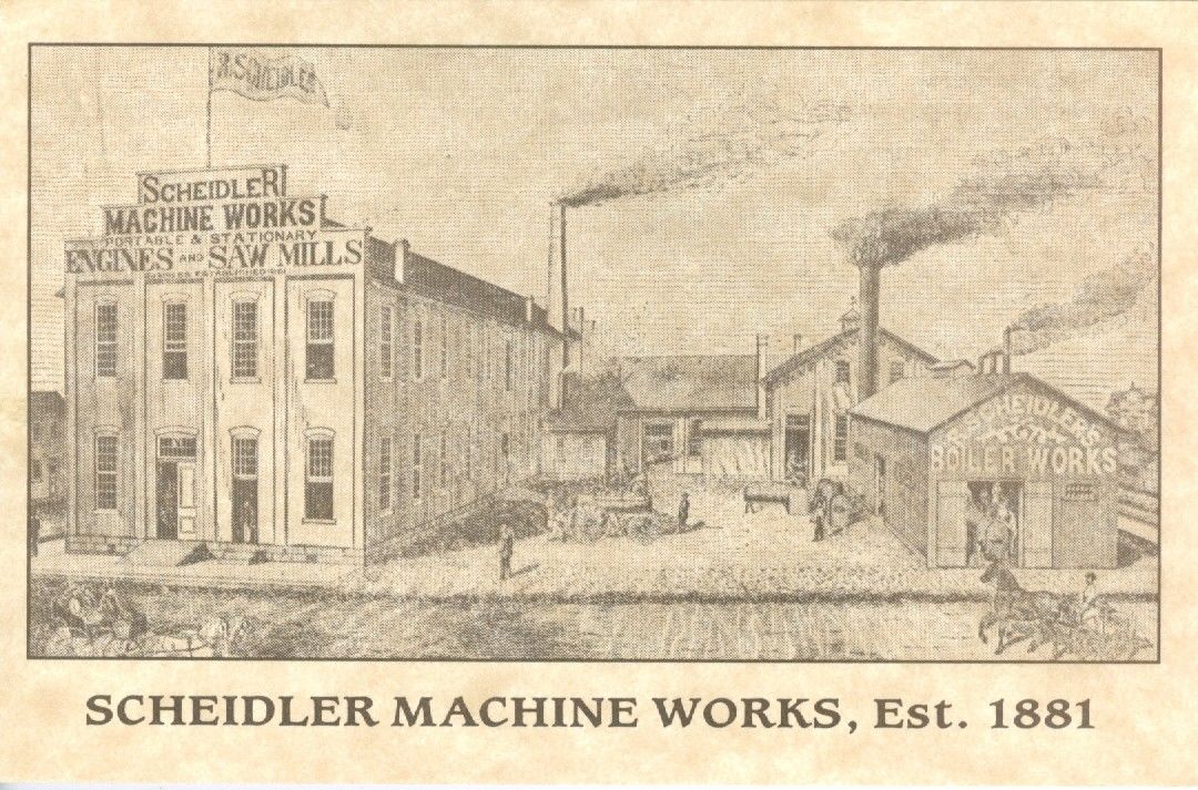 This illustration of the Scheidler Machine Works shows what it would have looked like shortly after it was built in 1881.