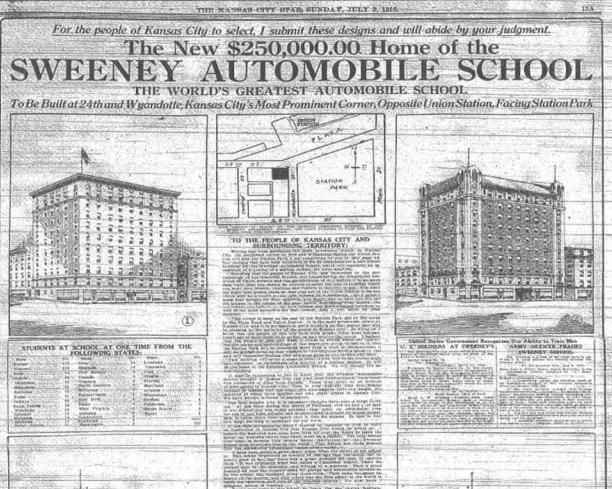 Newspaper advertisement for design options for the Sweeney Automobile School. Source: Kansas City Star, July 9, 1916