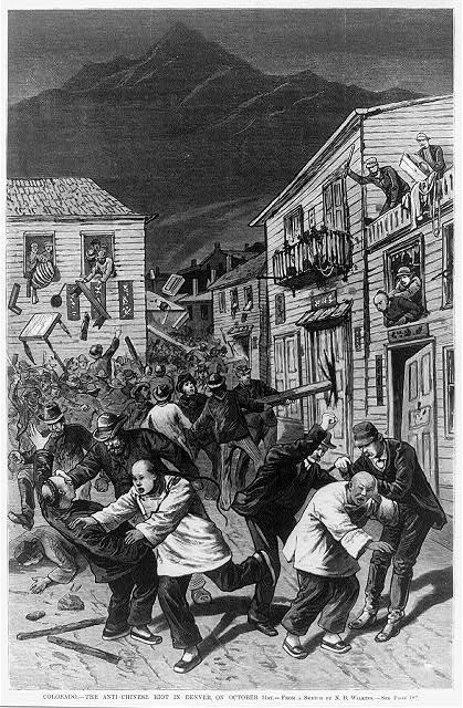 A cartoon depiction of Denver's anti-Chinese riot of 1880, printed in the November 20 issue of Frank Leslie's Illustrated Newspaper. Source: Library of Congress.