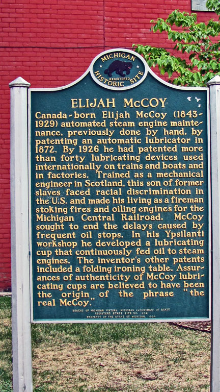 Historical marker of McCoy's workshop, at 229 West Michigan Ave in Ypsilanti