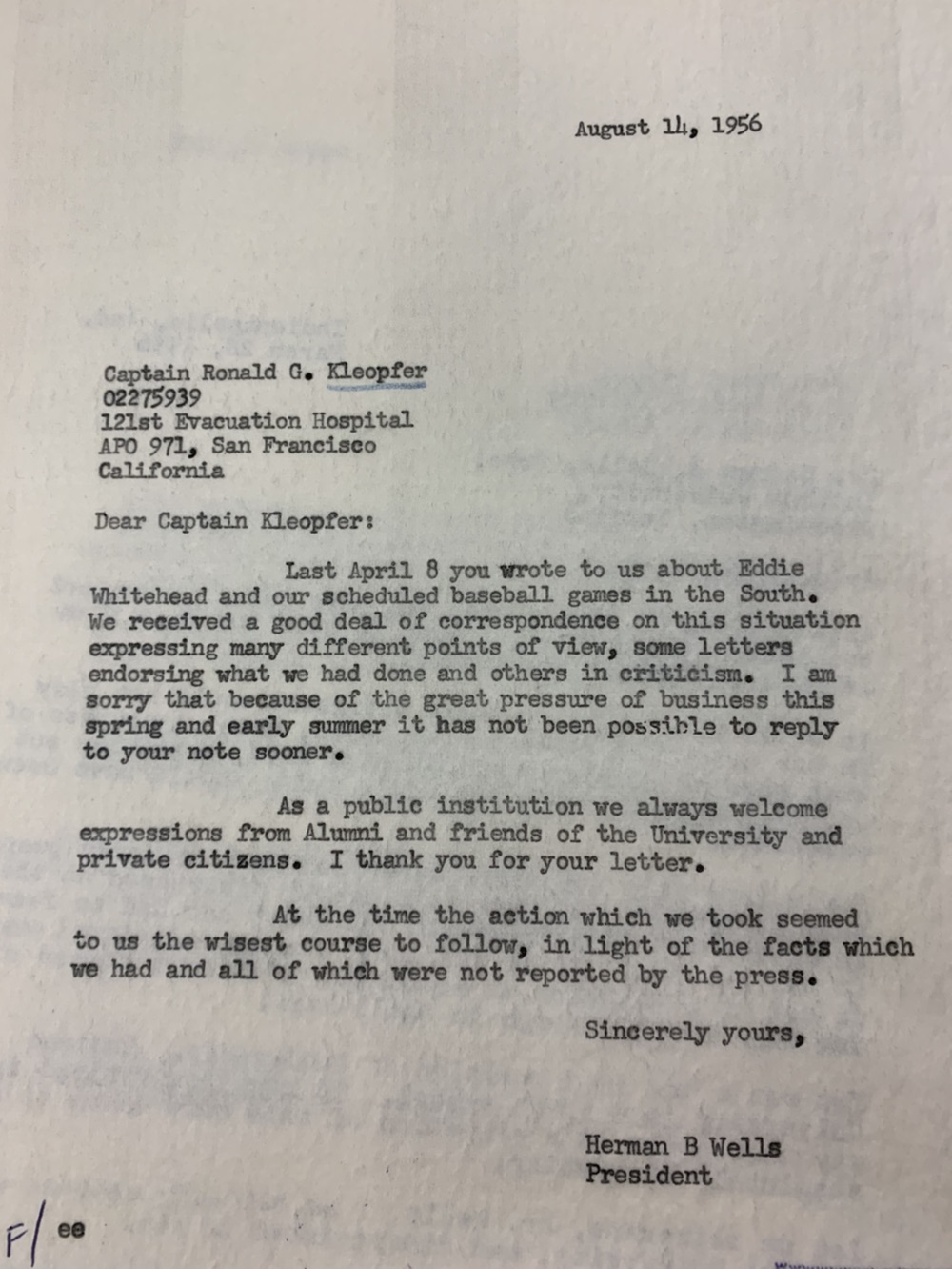 Letter from Herman B. Wells to Capt. Kleopfer