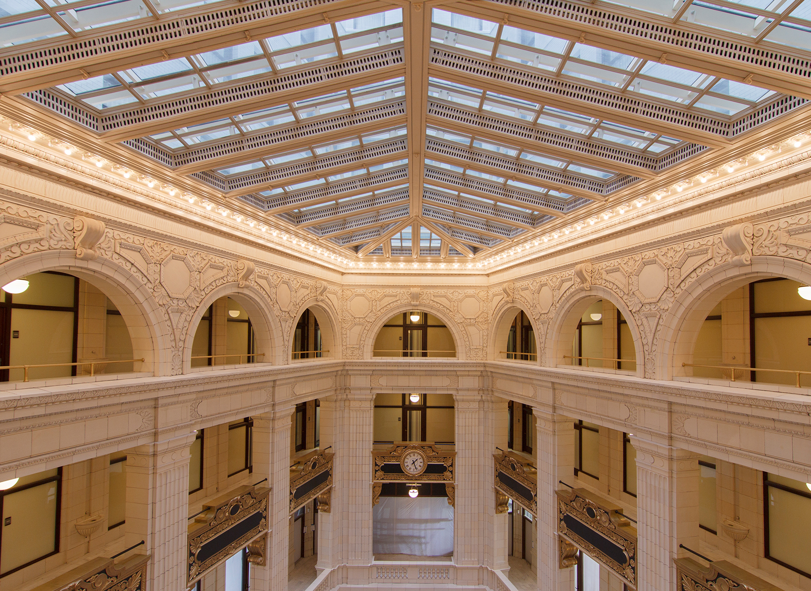 The original glass of the skylight was removed during renovation but the steel frame was kept intact and new glass was added