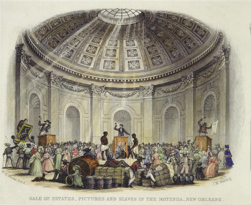 Slave traders sell human being in the rotunda of the St. Louis Hotel in 1842.