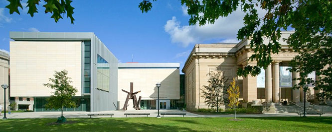 The original home of UMMA, the Alumni Memorial Hall is to the right while the new, modern facility addition is to the left