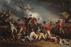 John Trumball painting of the death of General Hugh Mercer. Mercer is being bayoneted by British Soldiers in the center.