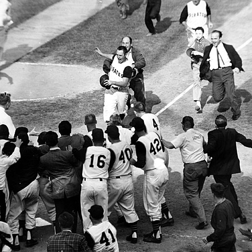 Celebration at home plate after Mazeroski's home run in the 1960 World Series