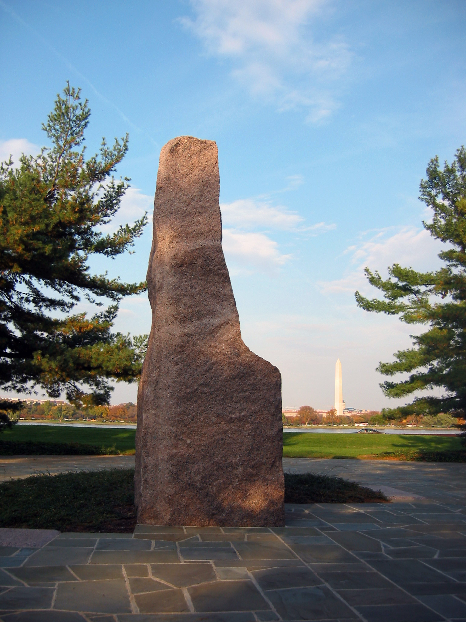 The granite monolith at the Lyndon Baines Johnson Memorial Grove on the Potomac, created by Harold Vogel.